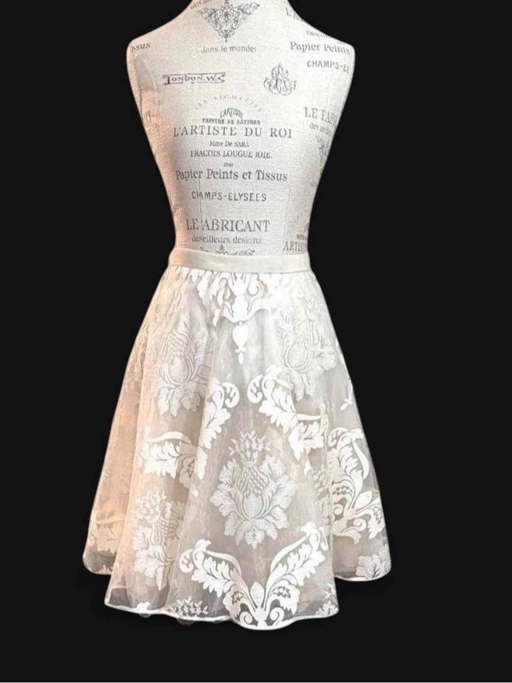BARASCHI Ivory Three Layered Midi Skirt with Sheer Floral Lace Pattern Sz 2
